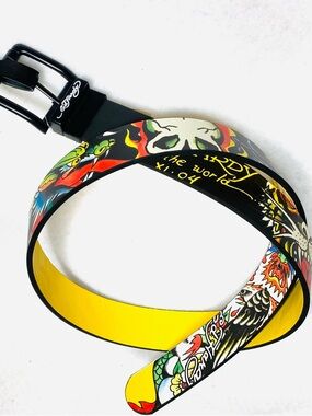 Ed Hardy Reversible Mens Belt 36 Tattoo Graphic Black Yellow Dragon Buckle NWT